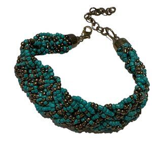 Chunky Gold Tone  Faux Turquoise  Statement Braided Bead Bracelet